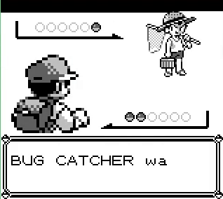 A Game Boy trainer-battle intro: the player's back sprite on the left, a Bug Catcher with a net on the right, and a text box beginning 'BUG CATCHER wa'.