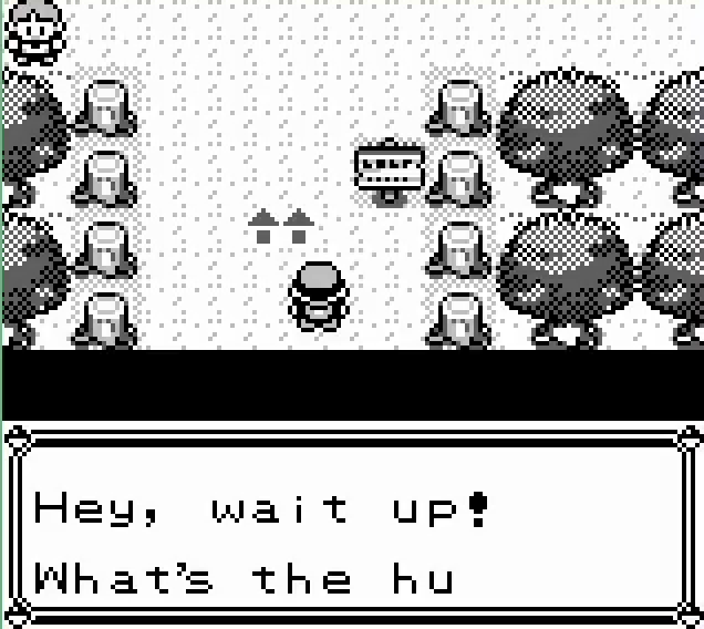 A Game Boy screen: the player stands at the bottom edge of Viridian Forest among the trees, and a text box reads 'Hey, wait up! What's the hurry?'