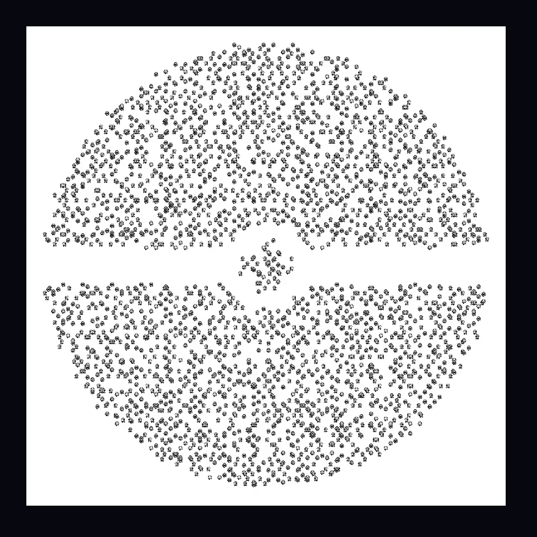 Three thousand tiny character sprites arranged into a clean, centred Pokéball shape: top disc, bottom disc, the gap band, the centre button.