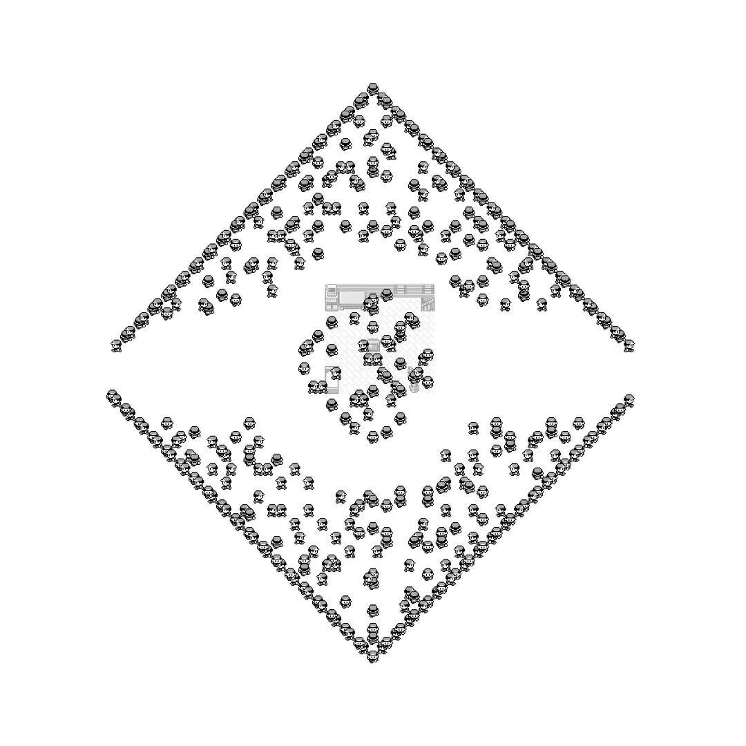 Thousands of tiny character sprites fanning outward from a fading bedroom in a symmetric diamond pattern.