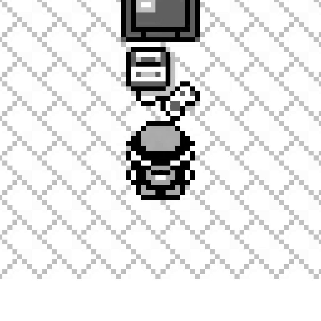 A single character standing on the floor in a Game Boy bedroom, in front of a TV and desk, facing away from the camera.