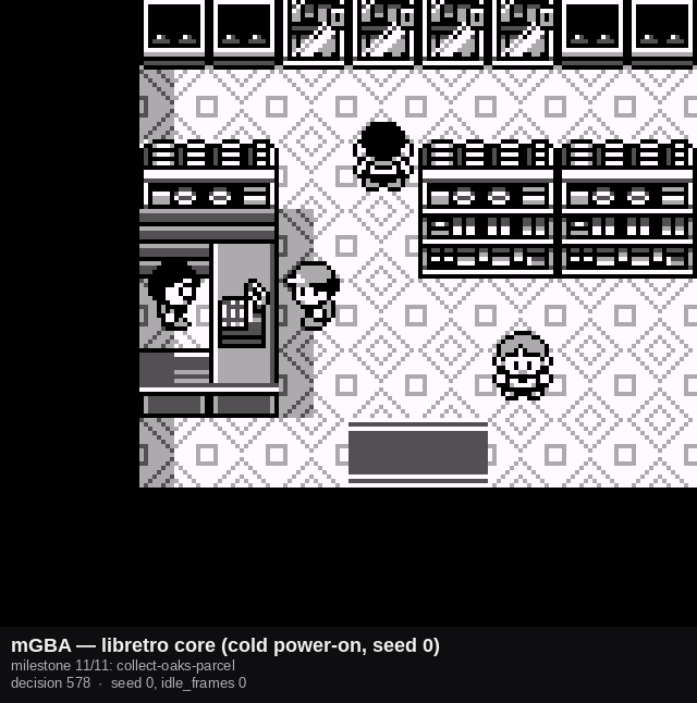 A Game Boy screenshot of the Viridian Mart interior with the player standing at the counter and a dialogue box drawing at the bottom of the screen, captioned as the collect-oaks-parcel milestone at decision 578 on the mGBA libretro core, seed 0.