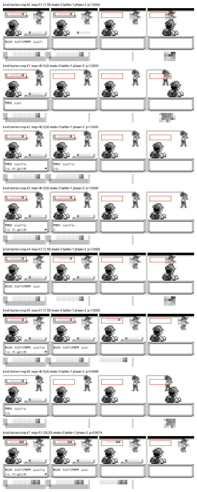 Rows of four stacked Game Boy battle frames with a narrow band under the opponent's name outlined in red, and beneath each row the same band blown up, showing a row of Poké Balls.