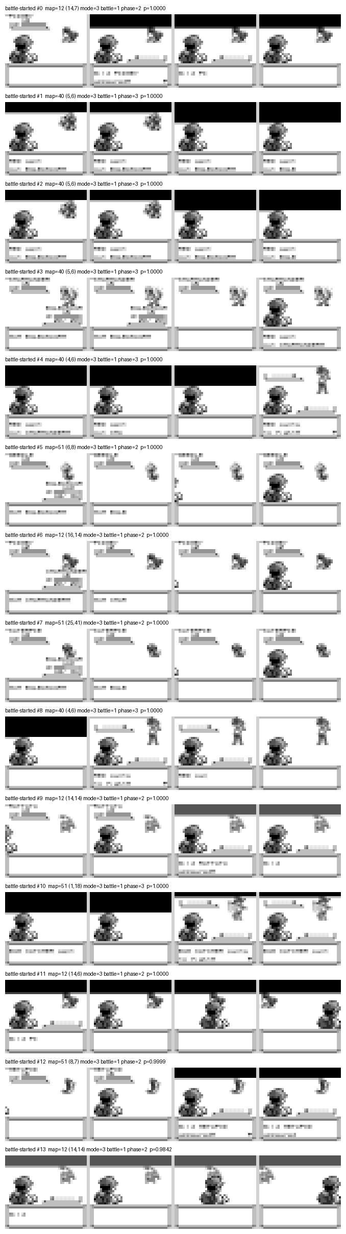 Fourteen rows of four stacked Game Boy frames, labelled battle-started. Every row shows a drawn battle scene with sprites and a text box; none is an entirely black frame.