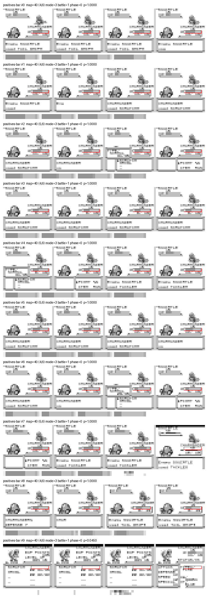 Rows of four stacked Game Boy battle frames with the lead Pokémon's HP bar outlined in red, and the crop itself blown up beneath each row. The Pokémon's name, the HP label and the digits all sit outside the red box.