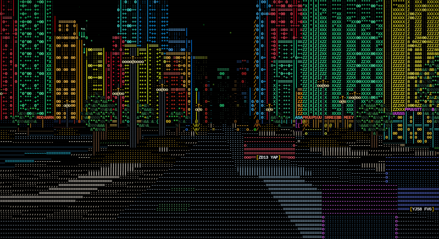 A street at night in AsciiWorldEngine: towers in six silhouettes rising on both sides, lit storefronts, and two cars on the road carrying registration plates.