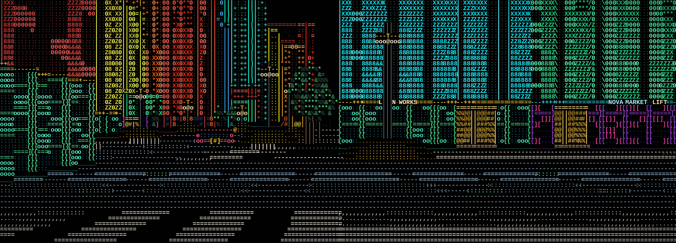 The same viewpoint generated from seed 1337: a completely different skyline — a tall cyan tower on the right, a purple building, different names and silhouettes.