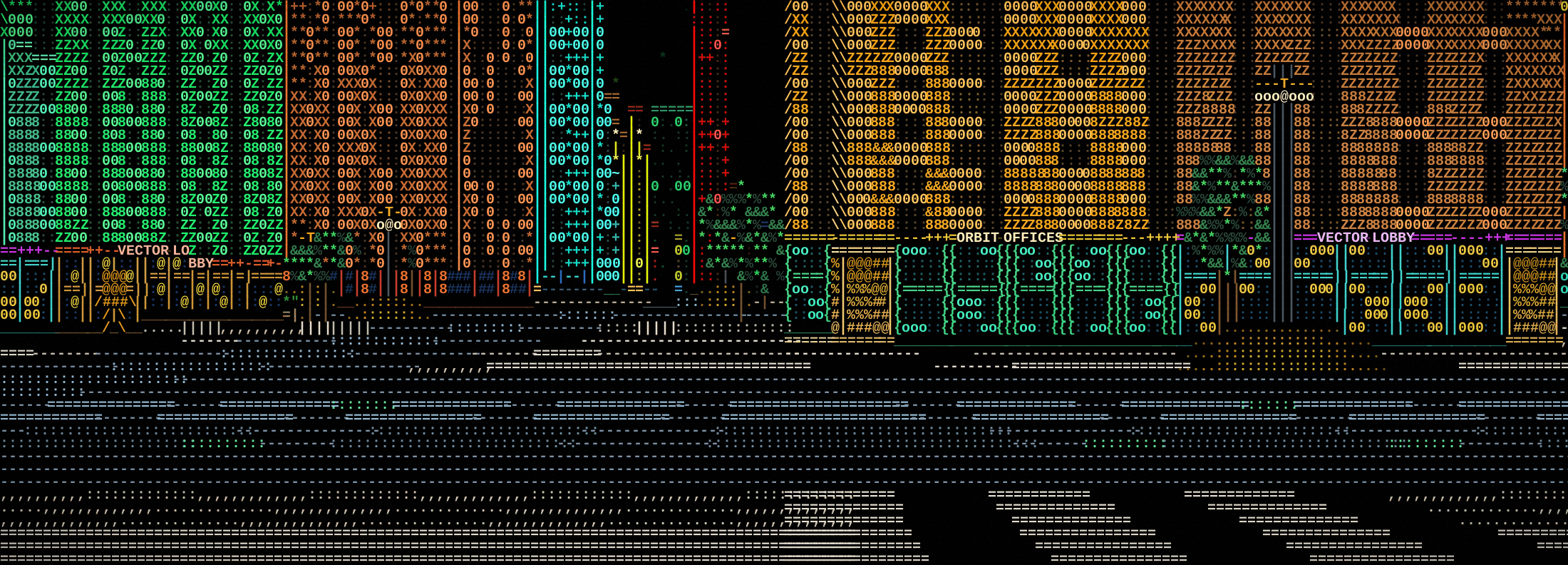 The AsciiWorldEngine skyline generated from seed 42: towers in green, orange, cyan and red silhouettes, with buildings named ORBIT OFFICES and VECTOR LOBBY on their own facades.