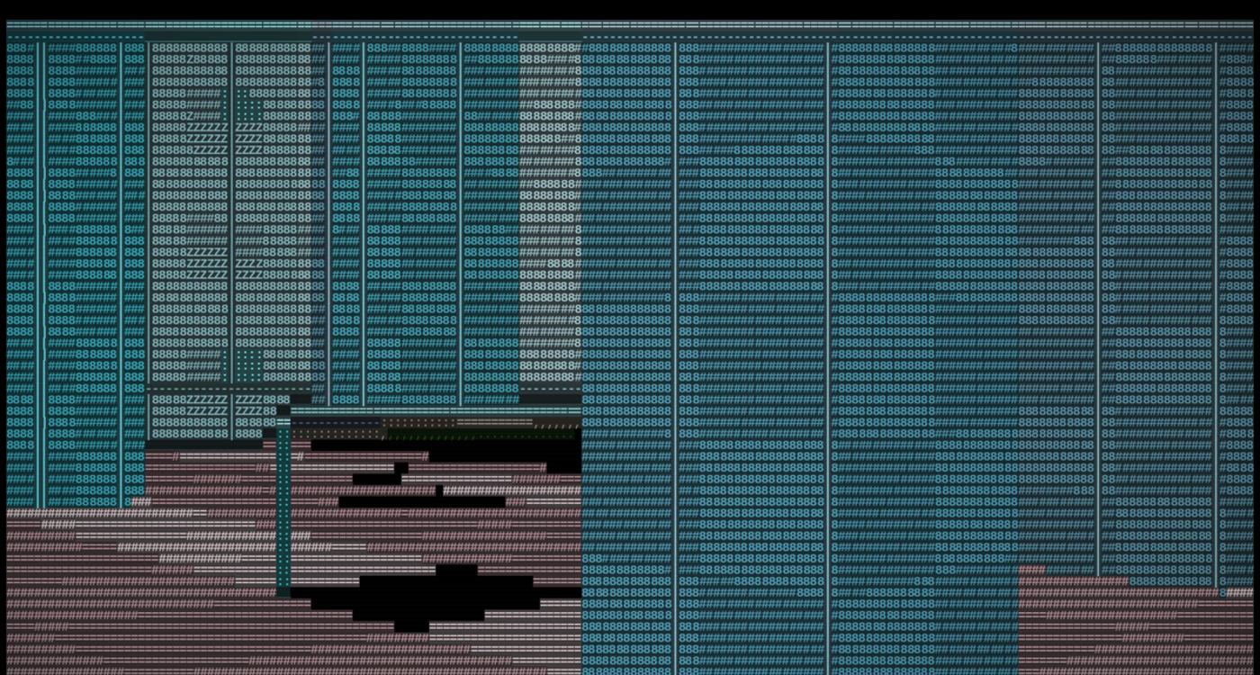 The same room in --view blocks: walls and floor filled with a shaded colour field behind the glyphs, the per-cell lightness that shows depth still visible on the walls.