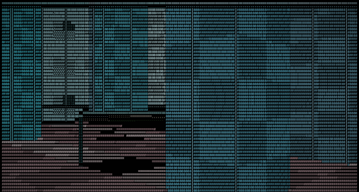 Inside a room in AsciiWorldEngine's classic view: walls and floor drawn as coloured characters on black.