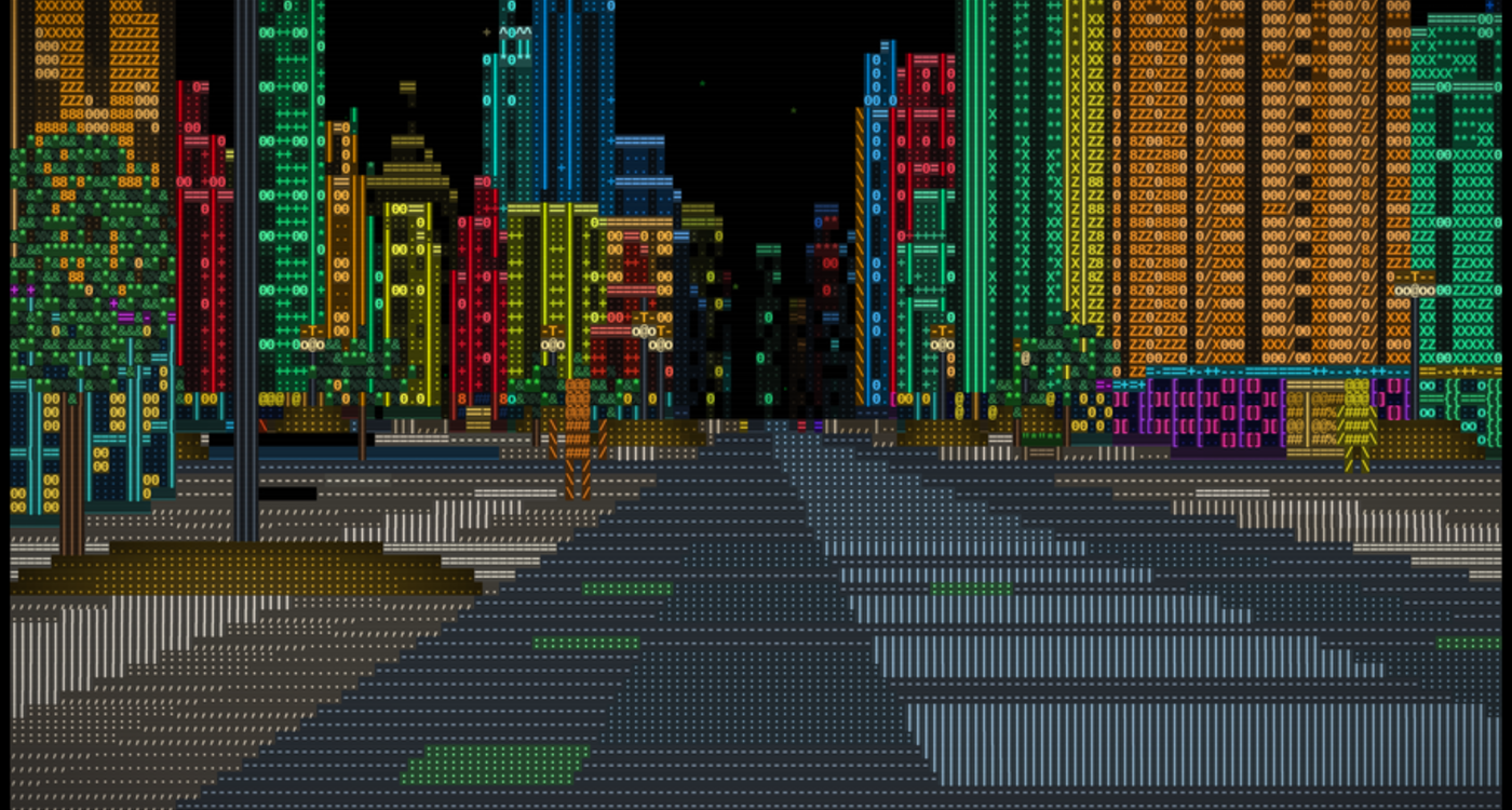 The same street in --view blocks: each tower filled with a dark shade of its own hue behind the glyphs, and the road now a lit grey surface with visible lane markings and kerbs.