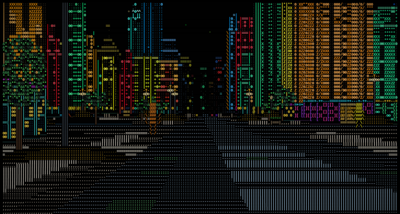 A street in AsciiWorldEngine's classic view: towers rendered as coloured characters on a black background, the road between them unlit.