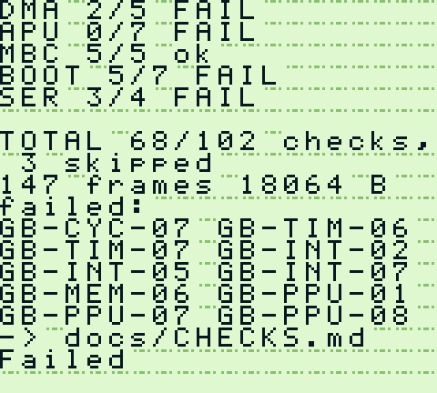 A Game Boy screen listing the same eleven areas with several marked FAIL, a total of 68 of 102, and a list of failing check codes.