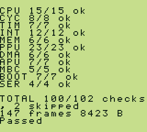 A Game Boy screen listing eleven test areas, each marked OK, with a total line reading 100 of 102 and the word Passed.