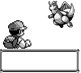 A wild battle screen showing a Dragonite sprite opposite the player, with an empty text box below.