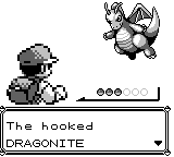 The battle intro text box reading 'The hooked DRAGONITE', with the Dragonite sprite above and a row of six party-status balls, three filled, where a wild battle would normally show none.