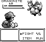 The battle menu: a level-0 Dragonite with a full HP bar, above an otherwise ordinary-looking FIGHT / PKMN / ITEM / RUN menu.