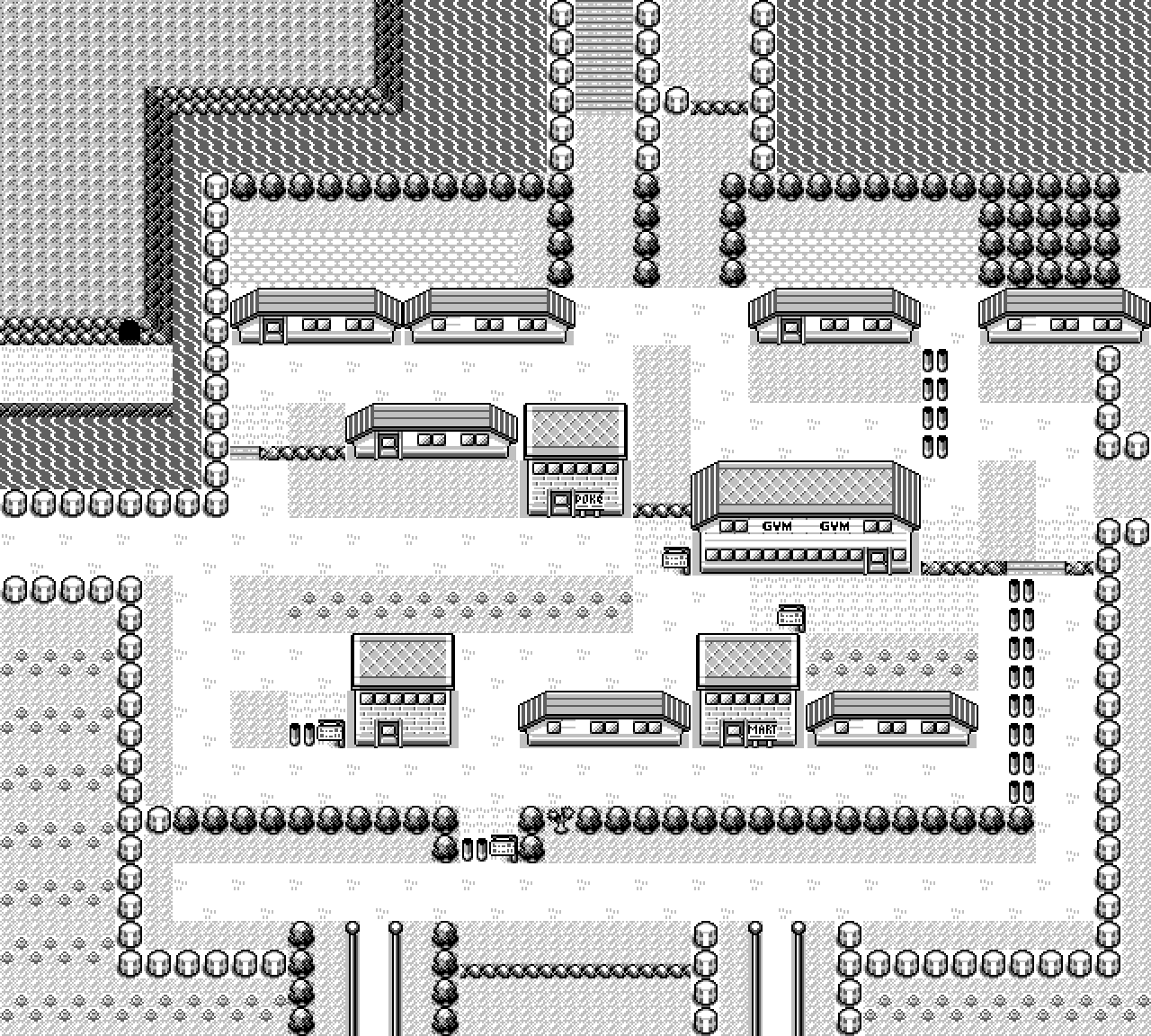 Cerulean City rendered whole at 2x scale: a Game Boy town map with houses, water, trees and paths in four shades of green-grey.