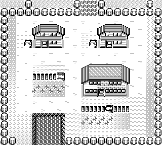 Pallet Town rendered at 2x scale: a small Game Boy town with two houses, a laboratory, water to the south and a path north.