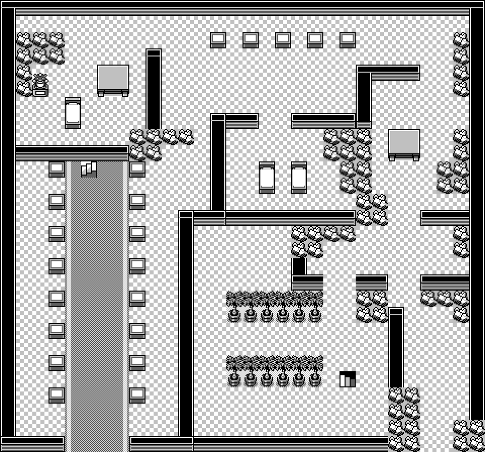 Pokemon Mansion 1F rendered at 2x scale: an interior map of corridors, statues and doorways in four shades.