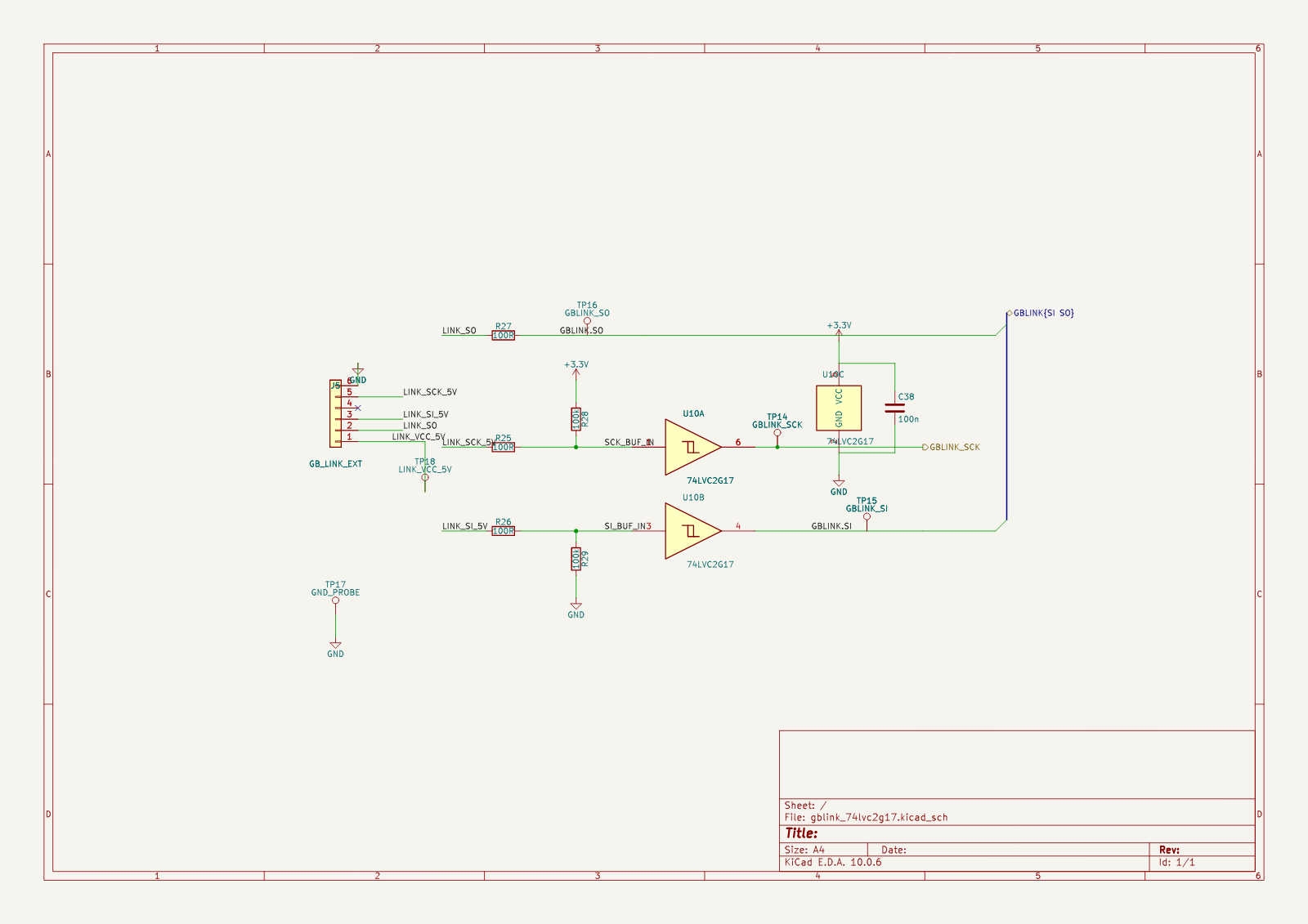 The Game Boy link schematic sheet: connector J5 breaking out six EXT pins, a 74LVC2G17 dual Schmitt buffer, series and pull resistors, and five test points.