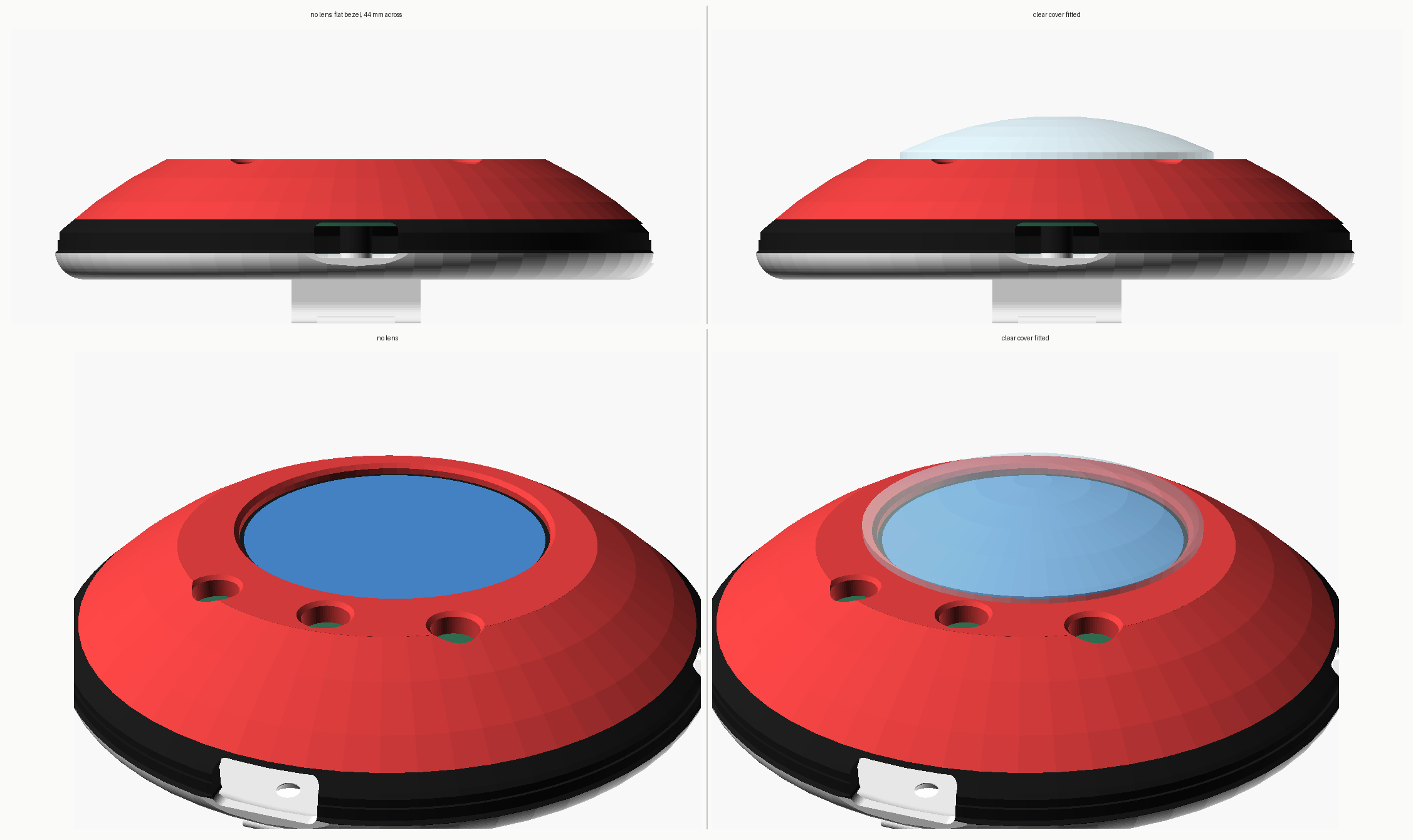 Four renders in a two-by-two grid. The left column is the shell without the cover, the right column with it fitted; the top row is edge-on, where the bare front shows a flat facet over the screen and the covered one a clear dome standing proud of it, and the bottom row is the same pair from three-quarters.