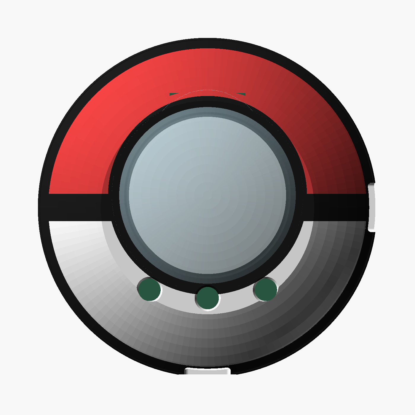 The shell face-on: a full circle with a black band straight across the middle, red above, white below, and the screen centred on the band like the ball's button.
