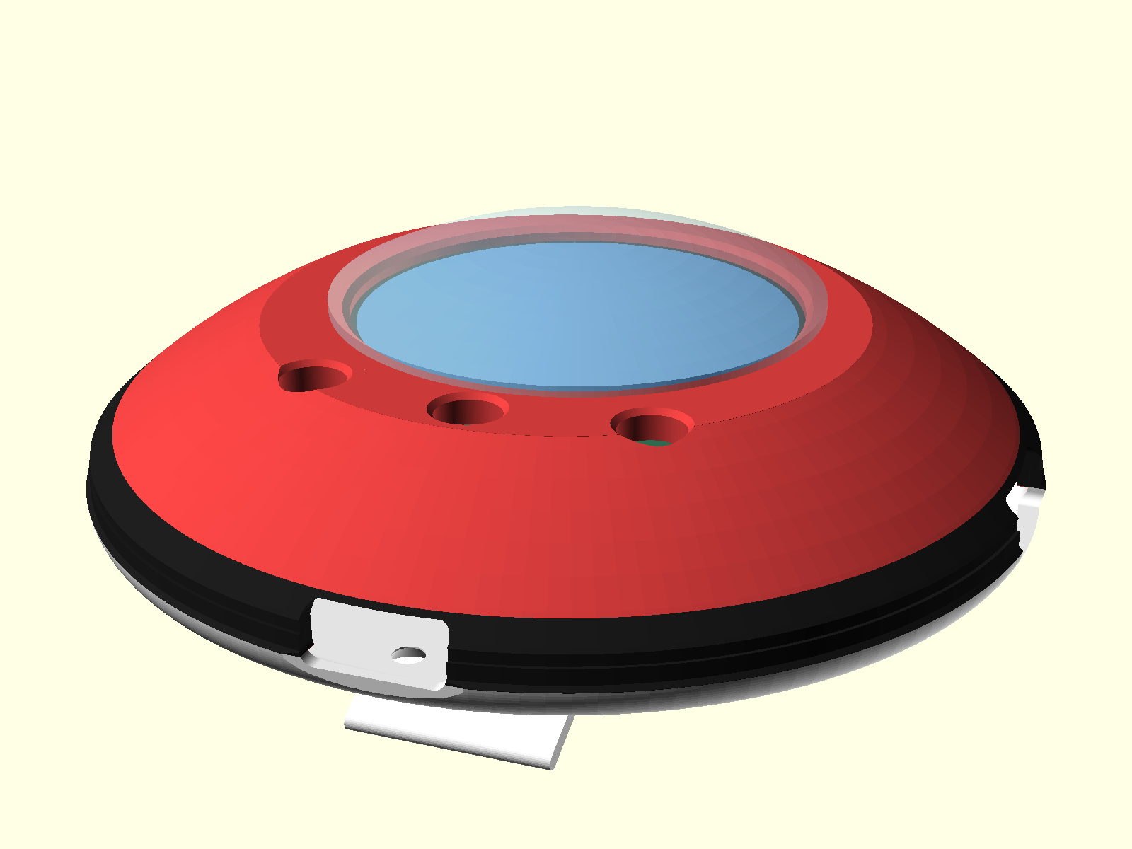 The shell from a raised three-quarter angle: a domed red front with the black band arcing across the lower silhouette and a sliver of white behind it.