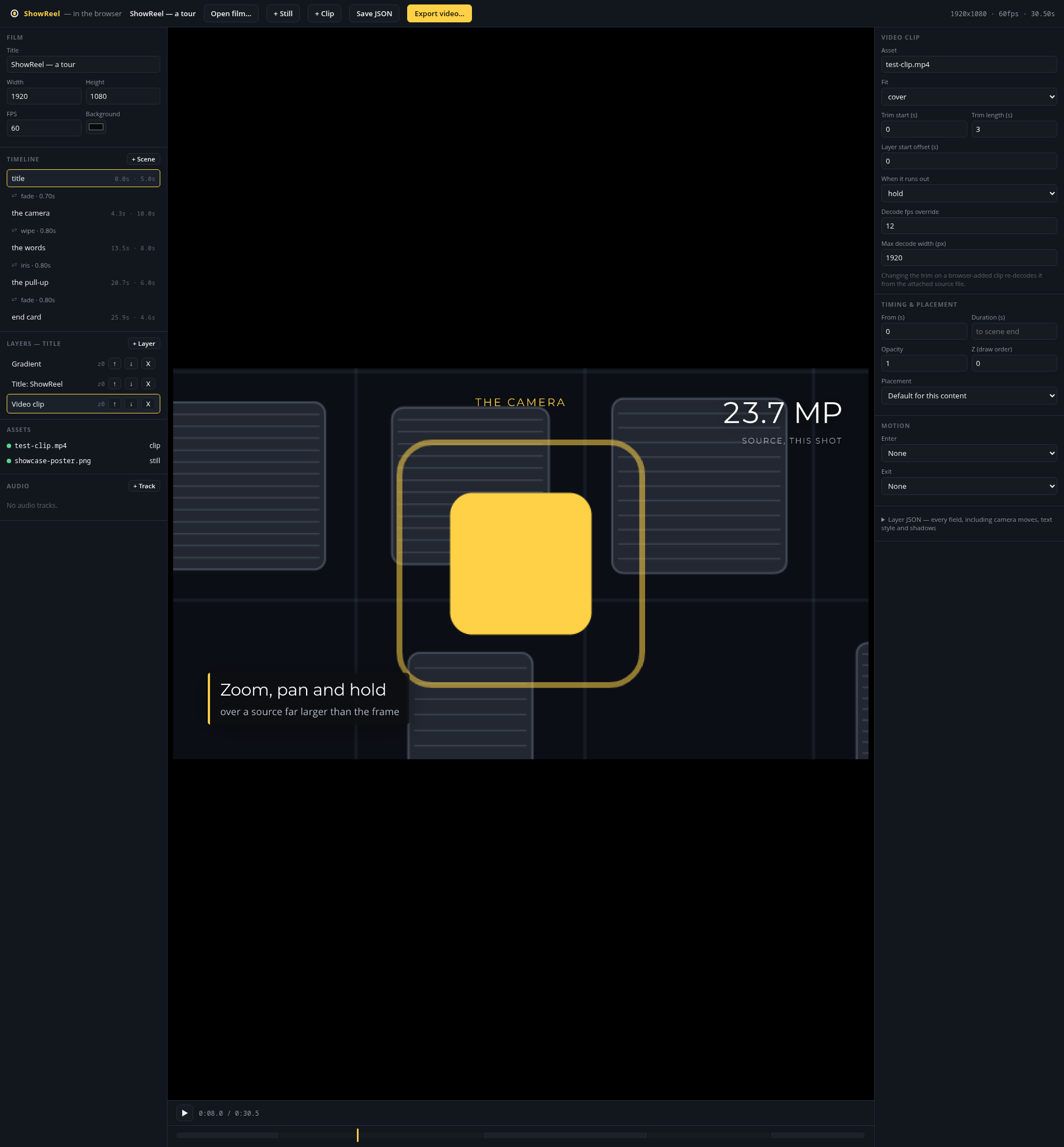 The browser editor: a film's timeline, scenes and layers down the left, a video clip's properties down the right, and the live frame in the middle showing a camera layer callout reading 23.7 MP, source, this shot, over a title reading THE CAMERA. An Export video button sits top right.