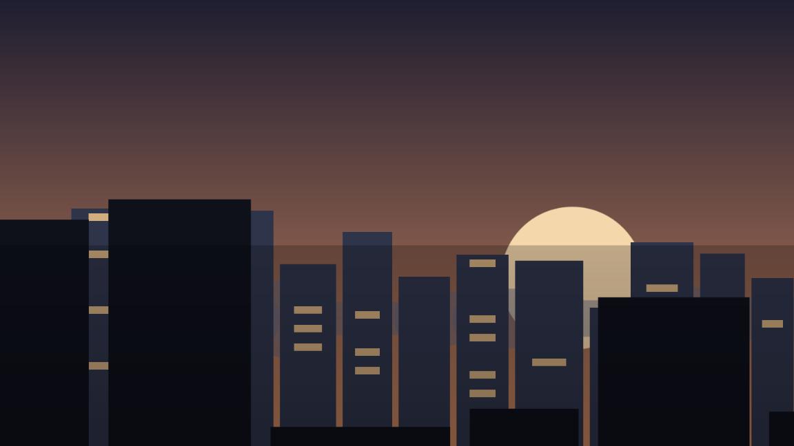 The same skyline pushed in on the light source, with buildings visibly at different depths — nearer ones larger and further into frame than distant ones.