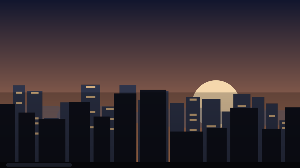 A synthetic night skyline before the camera has moved: a row of buildings of varying heights under a gradient sky with a pale moon or sun low behind them.
