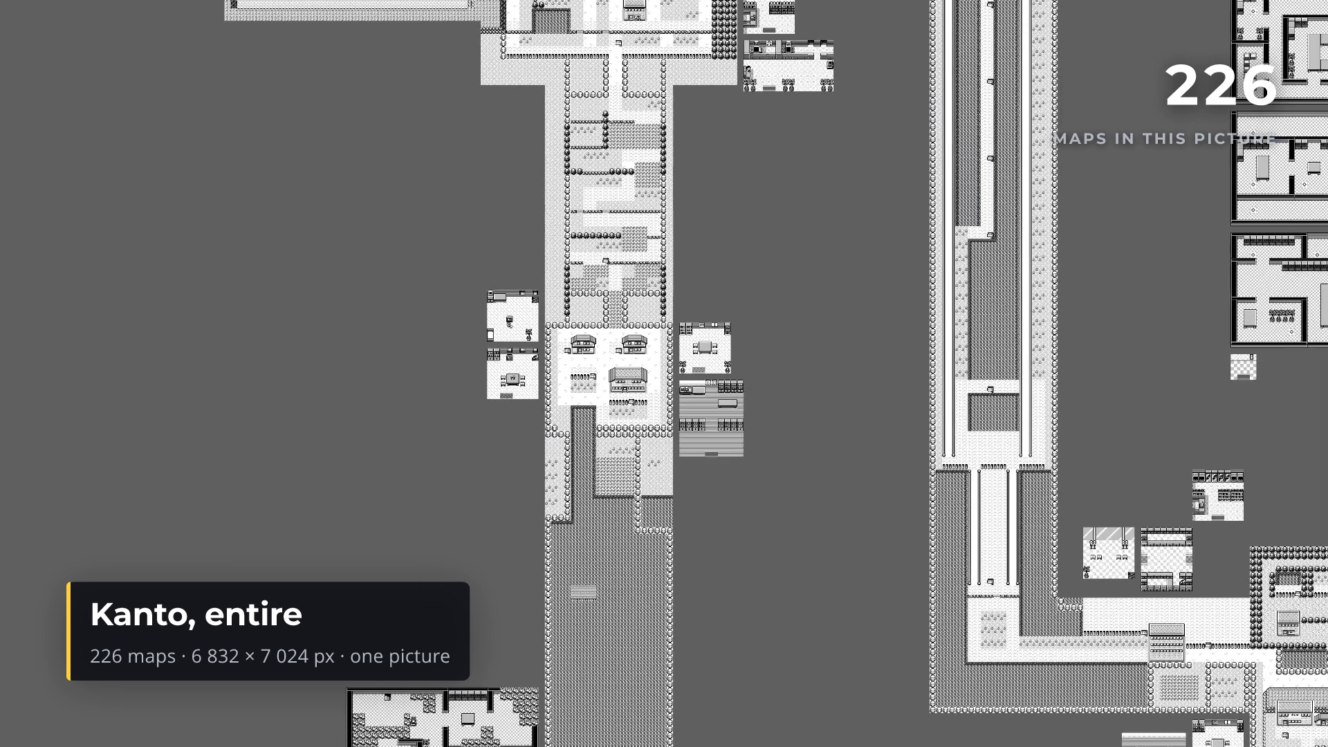 A frame partway through the pull-back: several Kanto towns and routes are visible at once, with a Kanto, entire lower-third caption and a counter reading 226 maps in this picture in the top right corner, over a still-zoomed-in section of the full atlas.