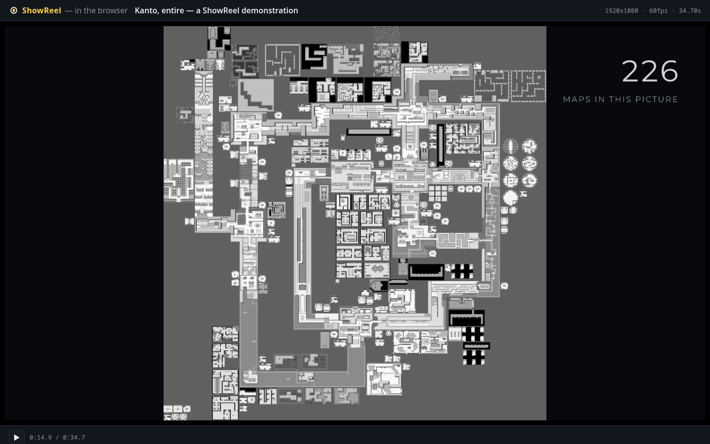 The compiled wasm build mid-scrub in a browser tab, showing all 226 Pokémon Blue maps in one picture with a counter reading 226 maps in this picture, timecode 0:14.9 of 0:34.7, at 1920x1080, 60fps.