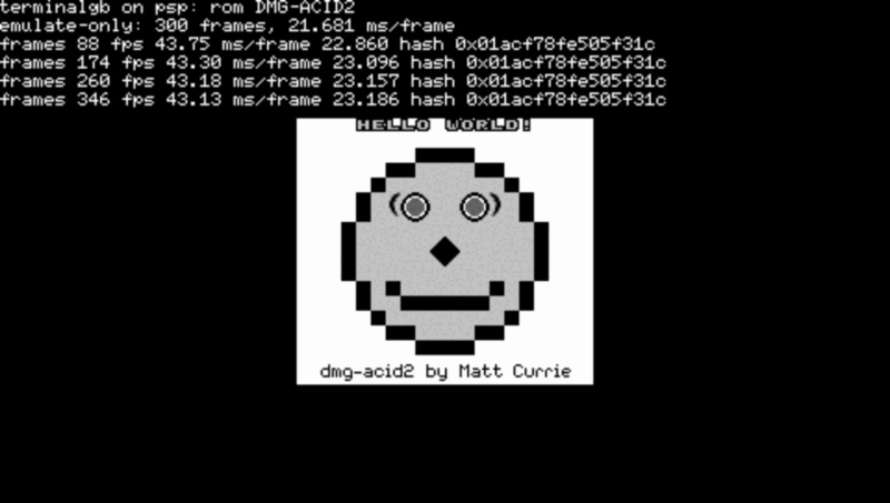 A PlayStation Portable screen showing the dmg-acid2 demon face rendered by TerminalGB.