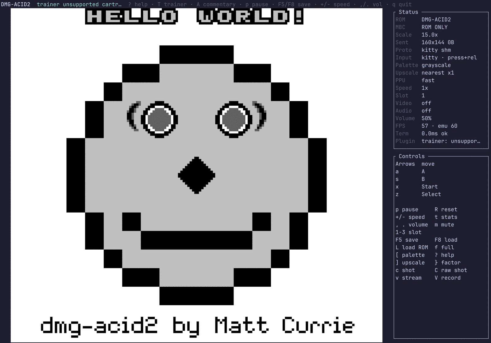 A terminal window showing the dmg-acid2 test ROM's demon face rendered at full resolution in the left pane, with a Status panel to the right listing ROM, transport, input mode, palette, PPU engine, speed, video, audio and volume, and a Controls panel below it.